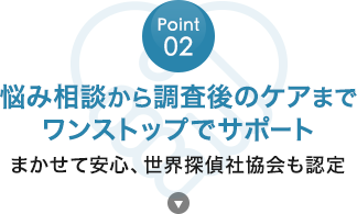 POINT02：悩み相談から調査後のケアまでワンストップでサポート,まかせて安心、国際調査協議会も認定