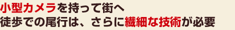 小型カメラを持って街へ徒歩での尾行は、さらに繊細な技術が必要