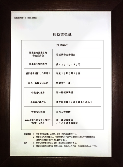 探偵業届出証明書